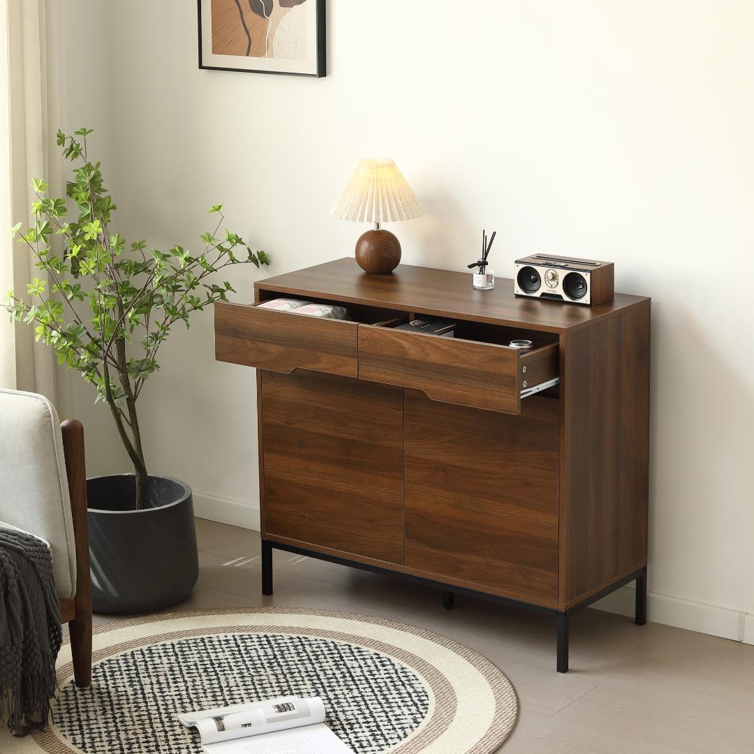 2セット！キャビネット 木製 脚付収納棚 サイドボード【幅90cm】BROWN