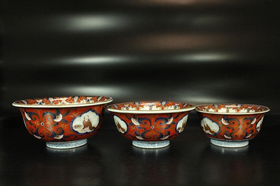 古伊万里 金蘭 模様 三重 鉢 碗 三件(K-XA727)