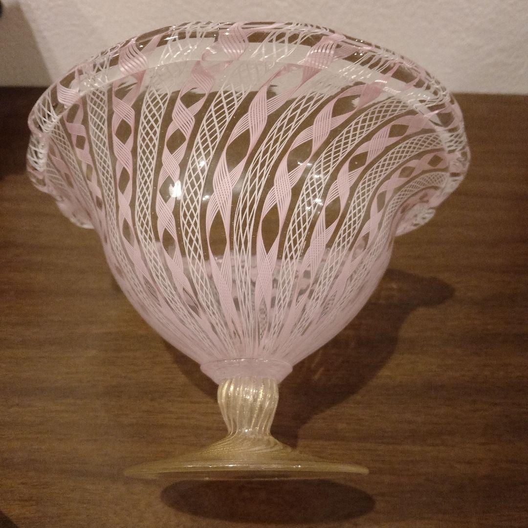 ベネチアンガラス　ムラノ　MURANO　コンポート　ピンク　レース　インテリア