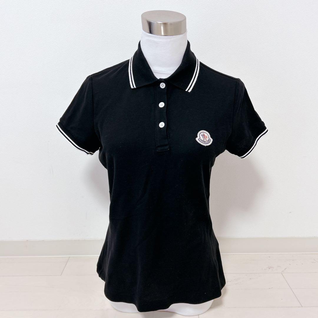 【美品】MONCLER ライン ポロシャツ ロゴ ワッペン 半袖 ブラック