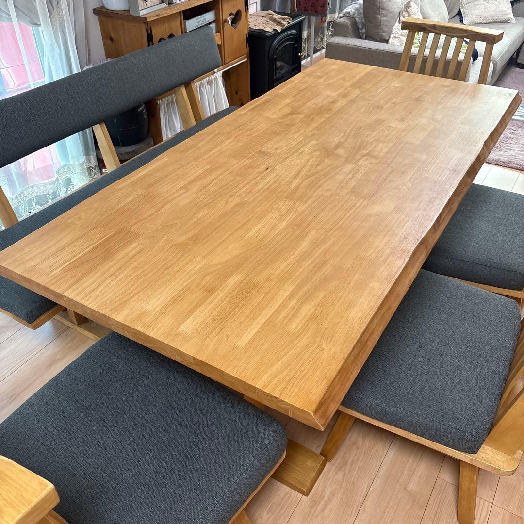 ※引き取り限定※『白王』無垢材180ダイニングテーブル6点セット回転椅子➕ベンチ