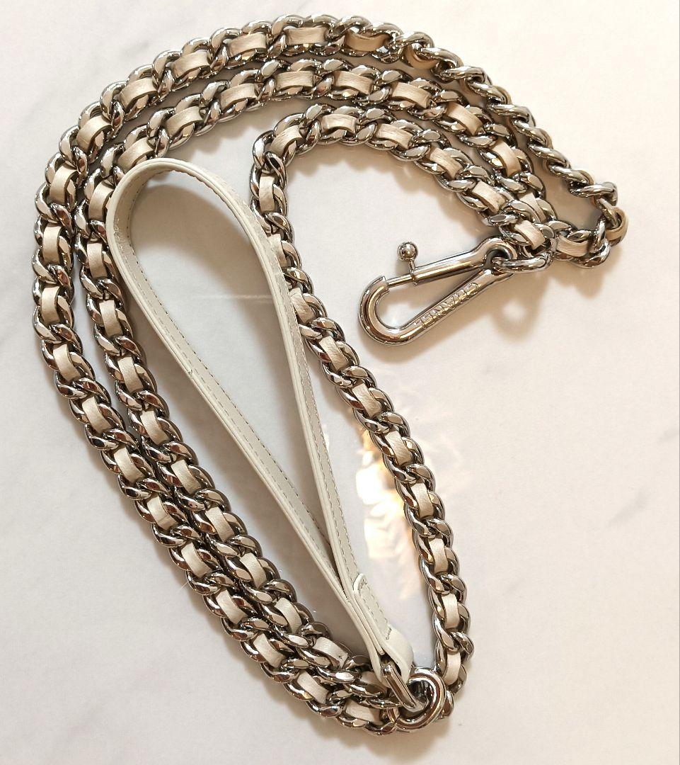 極美品✨CHANEL レザー チェーン ドックリード 首輪　ホワイト