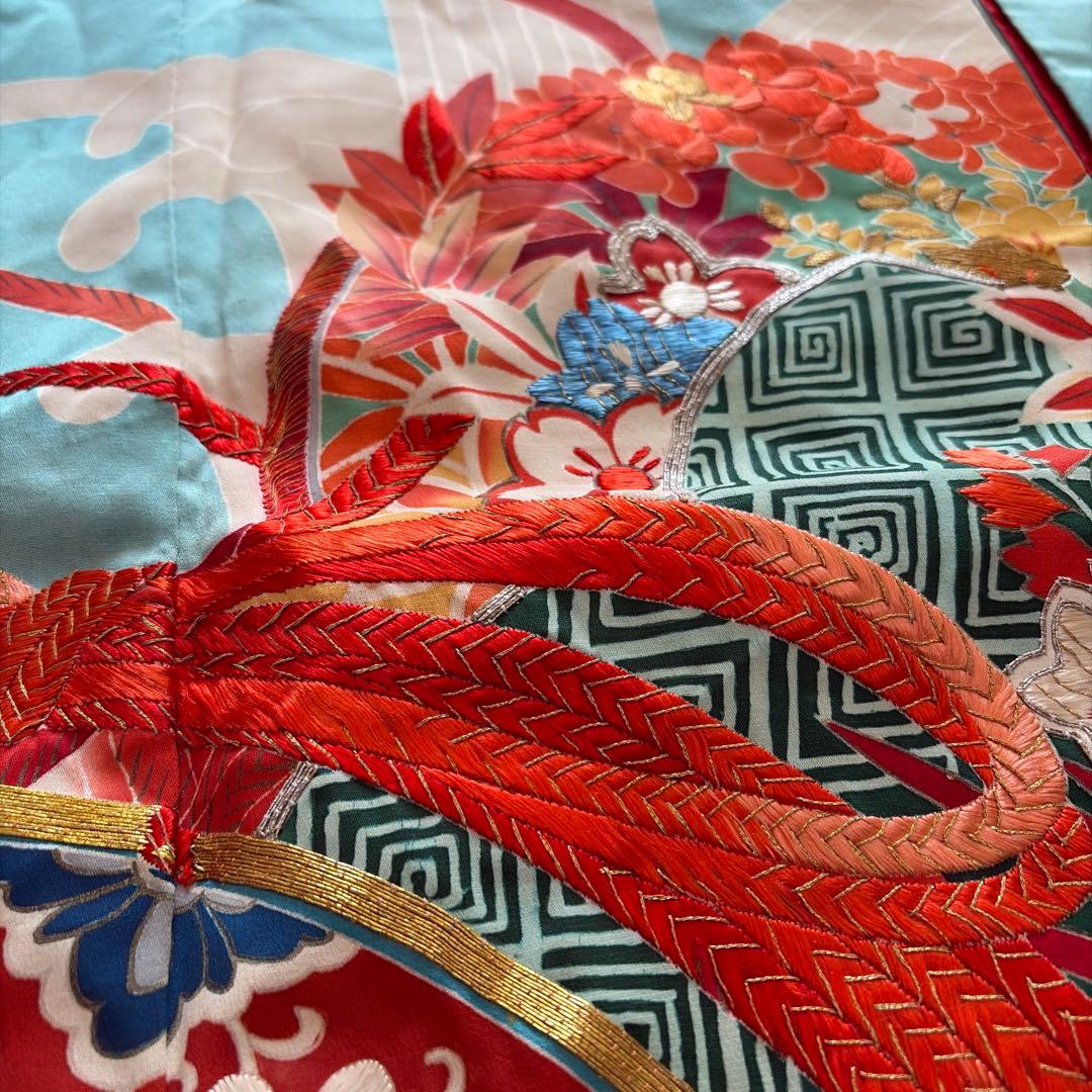 a*i様 ■E5787■アンティーク■正絹■水色　宝尽し柄　袷　小振袖■丈163