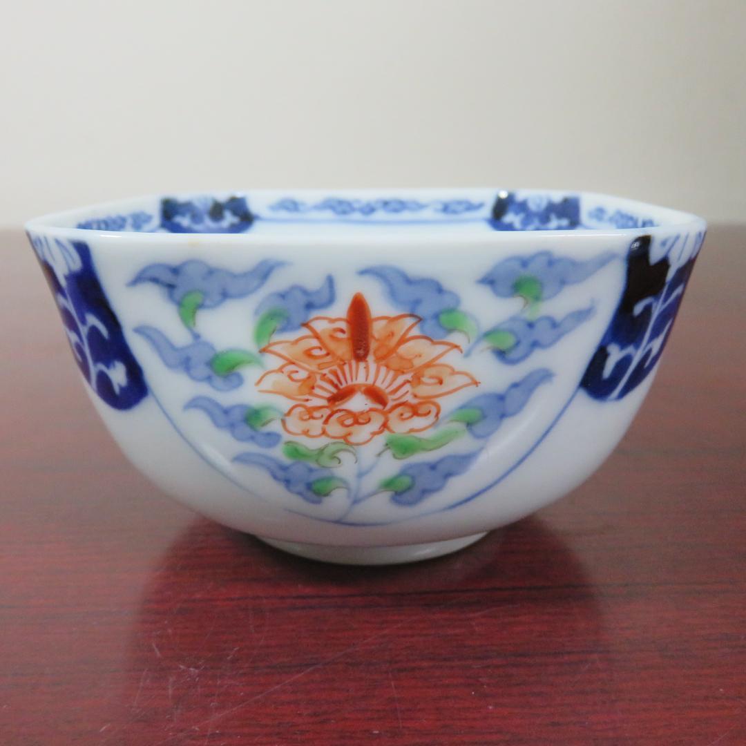 四角向付 5客 草花文様 染付 色絵付 明治 大正 蔵出し