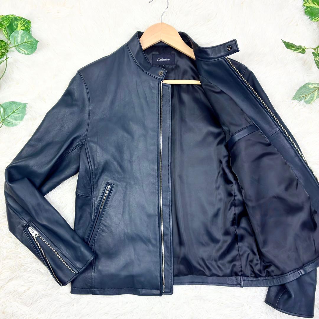 美品　メンズビギ　ラムレザー　シングルライダース　レザージャケット　M　ネイビー