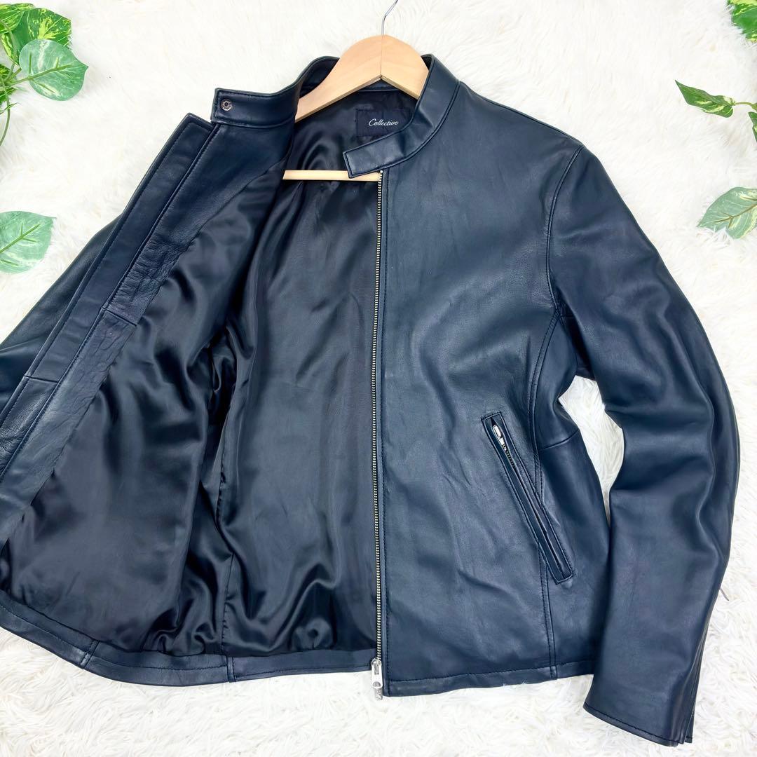 美品　メンズビギ　ラムレザー　シングルライダース　レザージャケット　M　ネイビー
