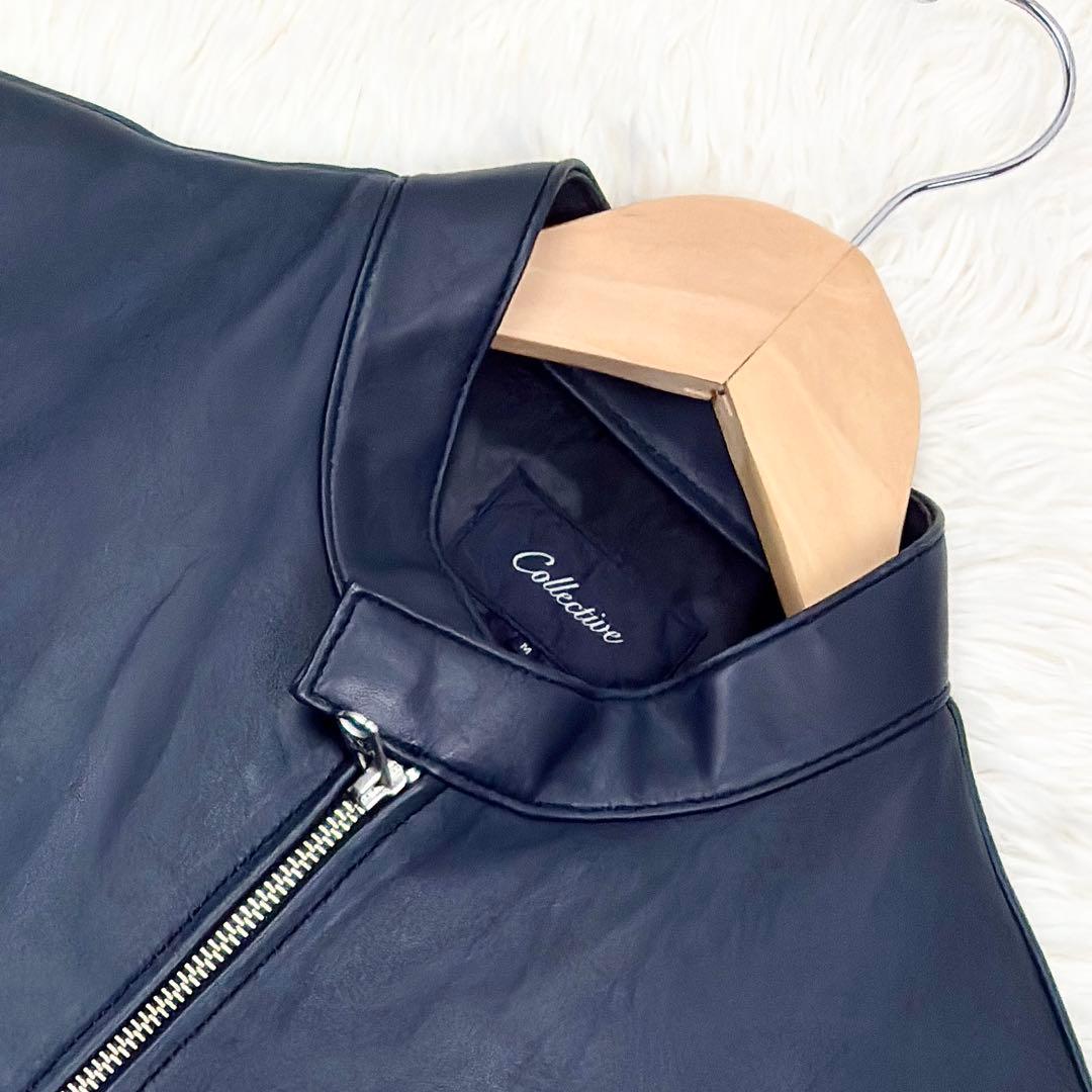 美品　メンズビギ　ラムレザー　シングルライダース　レザージャケット　M　ネイビー