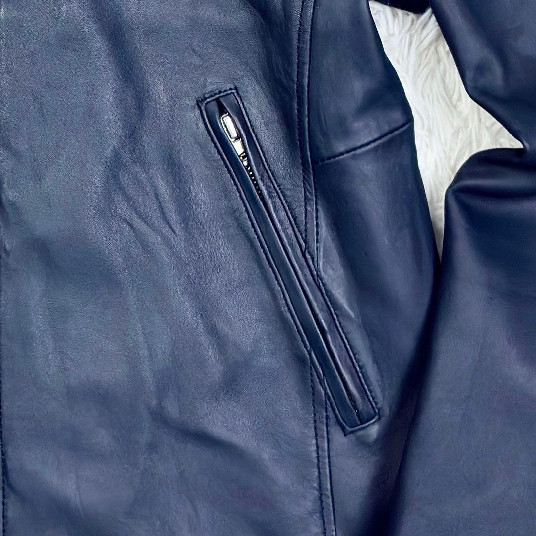 美品　メンズビギ　ラムレザー　シングルライダース　レザージャケット　M　ネイビー