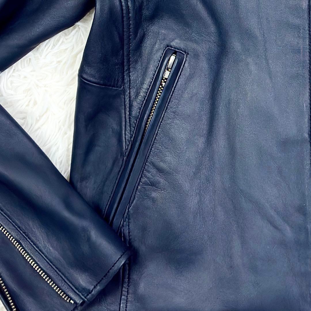 美品　メンズビギ　ラムレザー　シングルライダース　レザージャケット　M　ネイビー