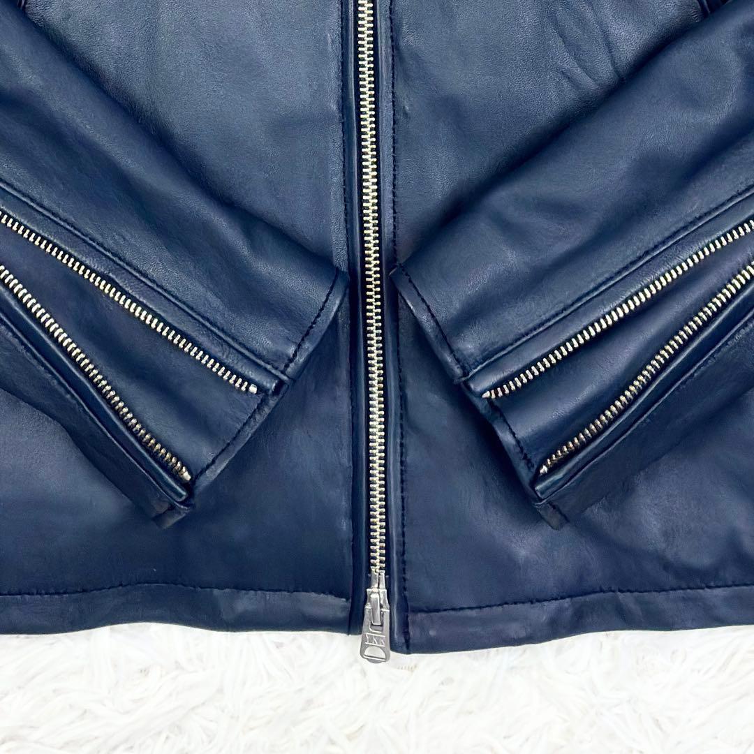 美品　メンズビギ　ラムレザー　シングルライダース　レザージャケット　M　ネイビー