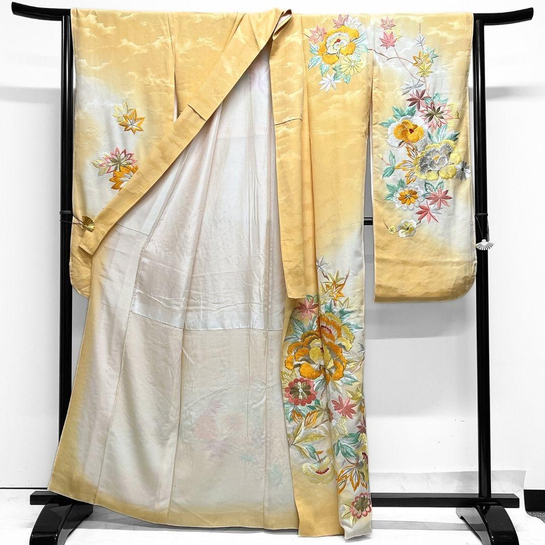 セミアンティーク　金駒刺繍　刺繍　牡丹　菊花　霞地紋　振袖　着物　094w p