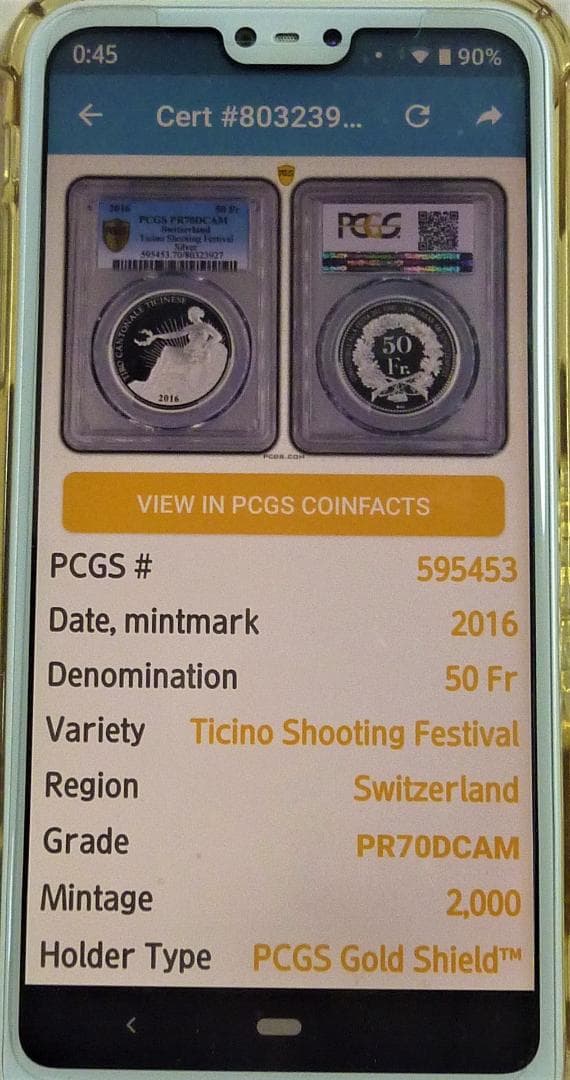 最高鑑定!『スイス近代射撃祭ティチーノ』2016年50㌵銀貨：PR70DCAM