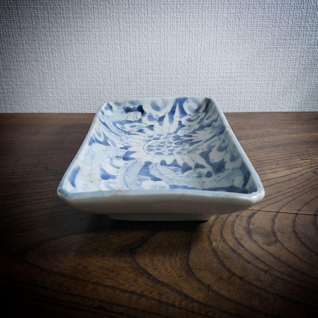 長皿　古伊万里　角皿　染付　鳳凰　雲 江戸