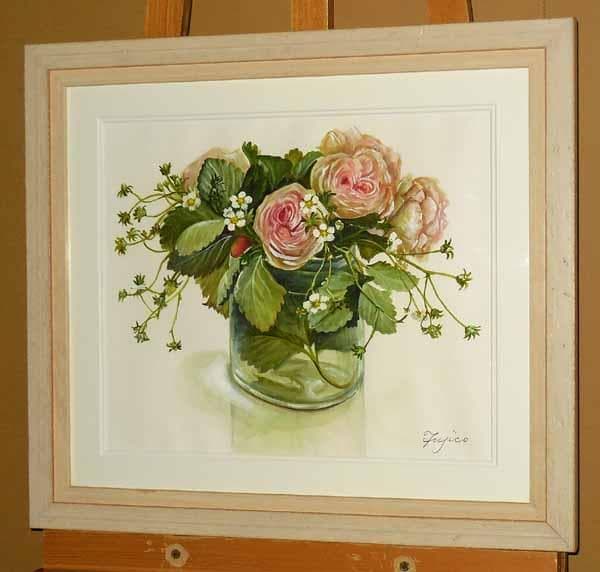 貴重な肉筆原画 橋本不二子「バラと苺(Wishing)」水彩画 直筆サイン入