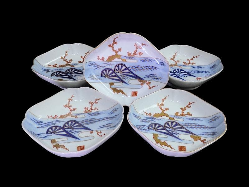 古伊万里　染錦　青海波に梅の図　菱形変形皿　５客　534AS-DBf