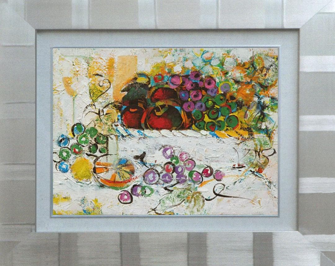 油絵 菅家令子 絵画インテリア額付(青緑＋金色の枠) uF6-060210果物