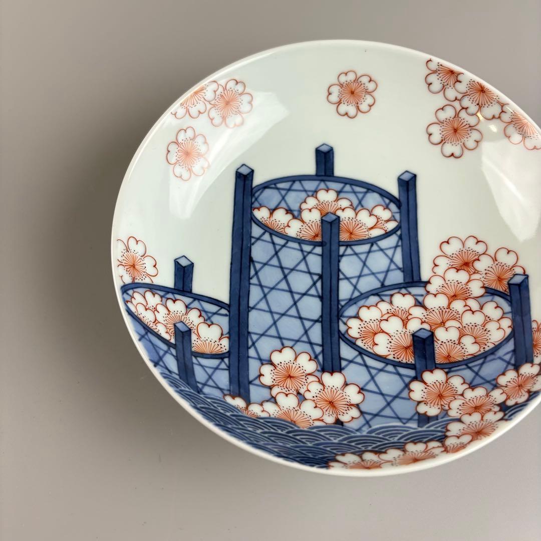 鍋島 色絵 桜花籠文 五寸皿 市川龍男 市川龍仙 共箱 皿 飾皿 絵皿