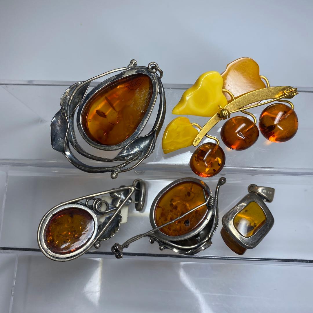 本蝋琥珀ブローチ　925刻印　本琥珀ブローチ5点　タエチ　50g