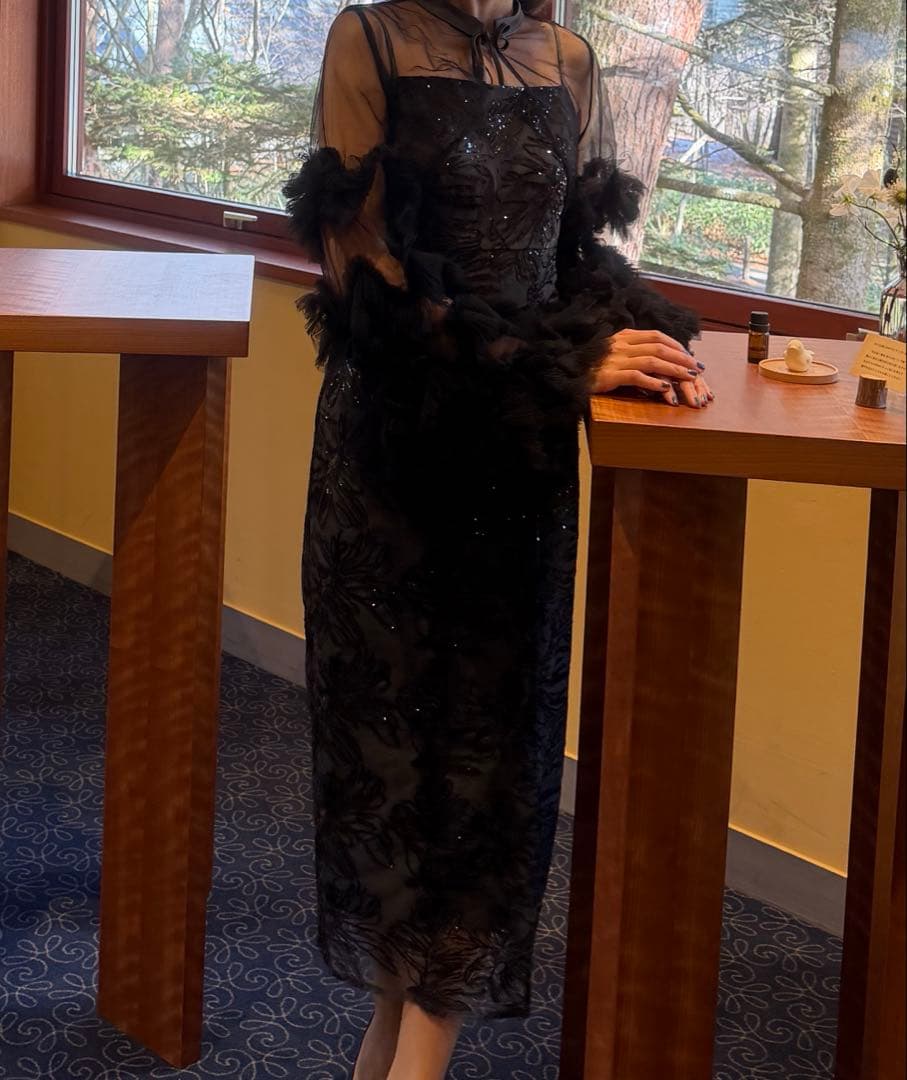 Leja フリルチュールスリーブリボンIラインワンピースドレス　ブルーブラック