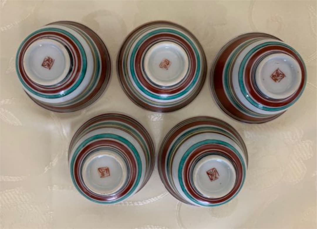 栄谷青泉窯　北出塔次郎　作　色繪筋文　汲出茶碗　5客