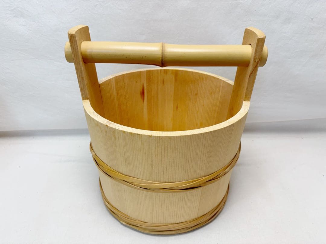 ほぼ未使用 茶道具 水張桶 手桶水指 木地 割蓋付き 水屋道具 露地道具 元箱