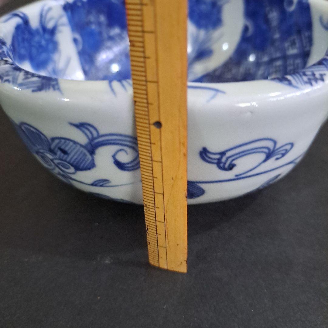 江戸中期　島津献上品　極上　肥前官調蔵製品　輪花　向付鉢　矢車草　染付青磁