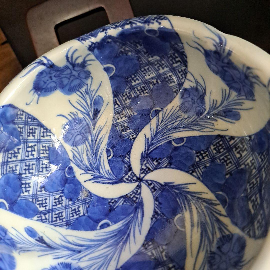 江戸中期　島津献上品　極上　肥前官調蔵製品　輪花　向付鉢　矢車草　染付青磁