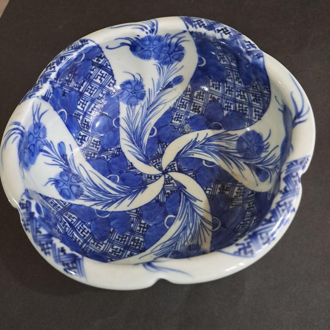 江戸中期　島津献上品　極上　肥前官調蔵製品　輪花　向付鉢　矢車草　染付青磁