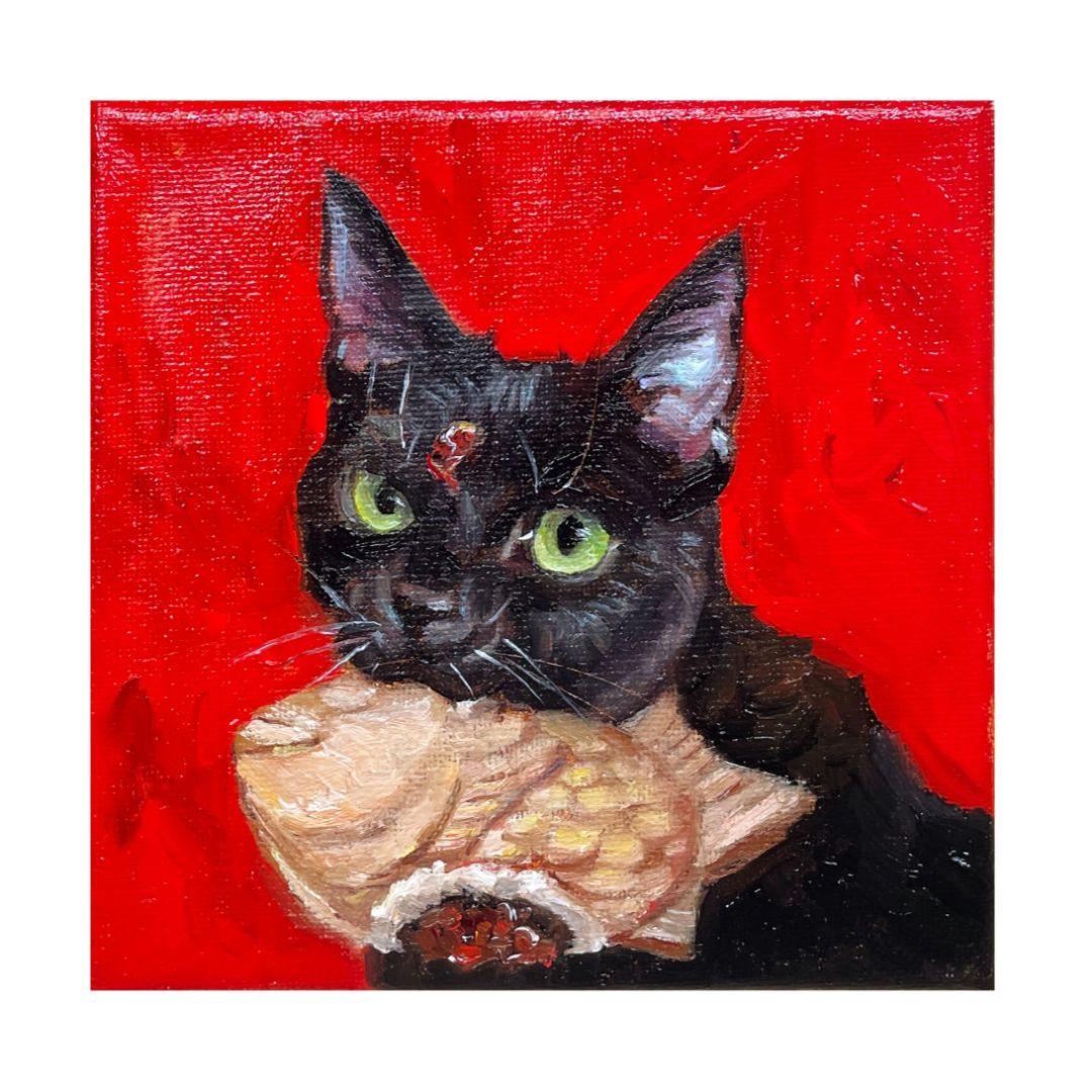 黒猫と鯛焼き　油彩画 絵画　原画　オリジナル　油絵