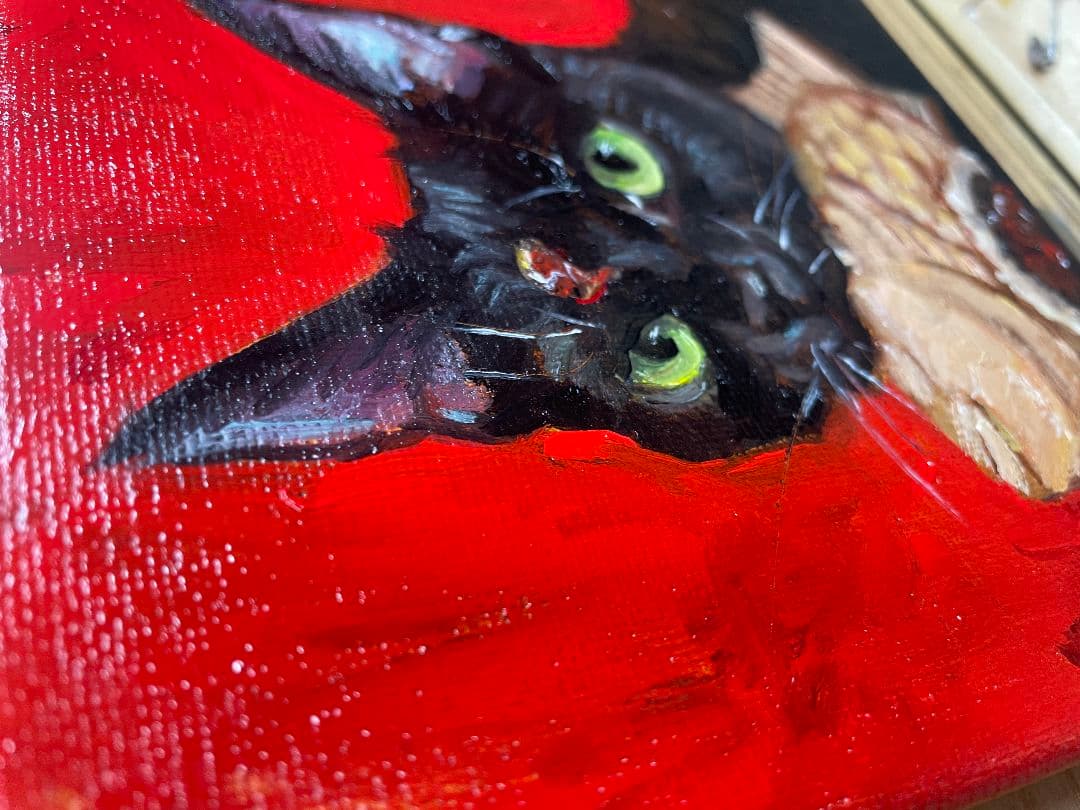 黒猫と鯛焼き　油彩画 絵画　原画　オリジナル　油絵