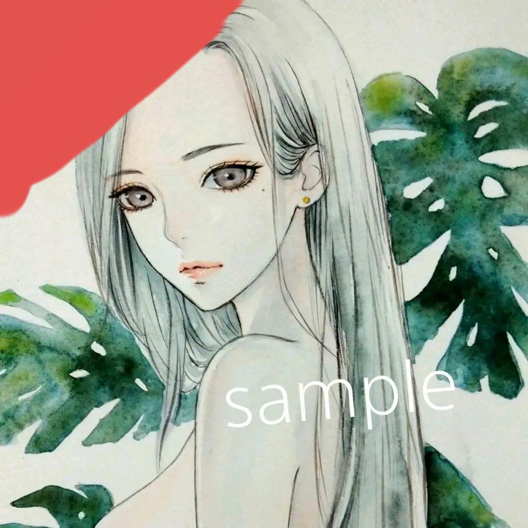 2386/B 肉筆原画　美人とモンステラ　水彩絵具　手描きイラスト　裸婦画