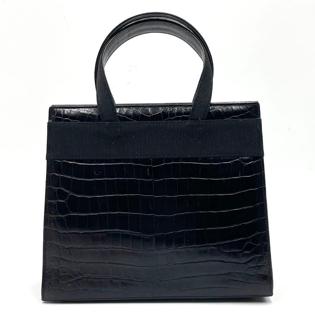 美品● フェラガモ ハンドバッグ ヴァラリボン 金具 クロコ ブラック レザー