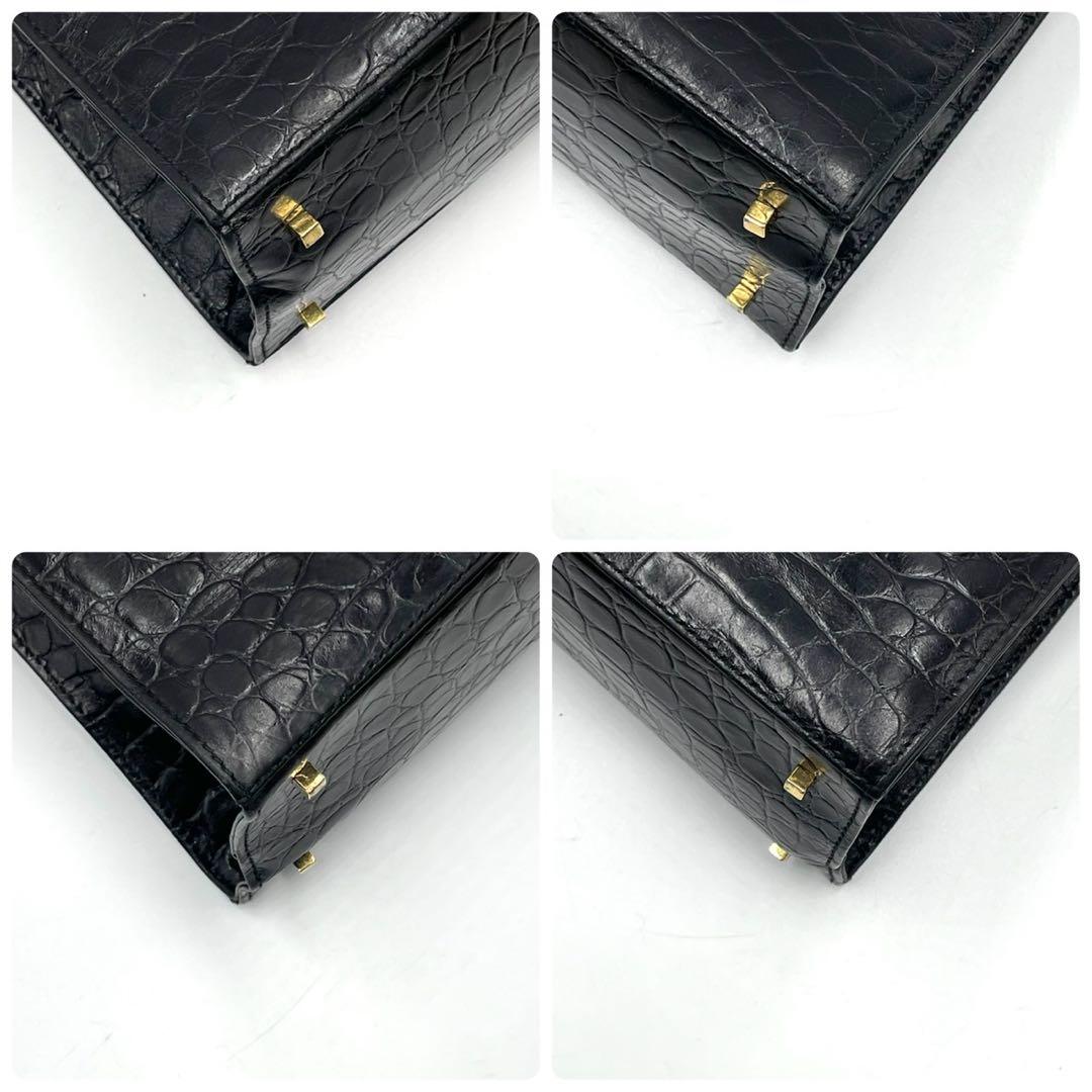 美品● フェラガモ ハンドバッグ ヴァラリボン 金具 クロコ ブラック レザー