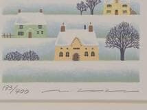 【真作】版画　リトグラフ　冬の街並み　優しい色彩の静寂風景　アート額装　X133