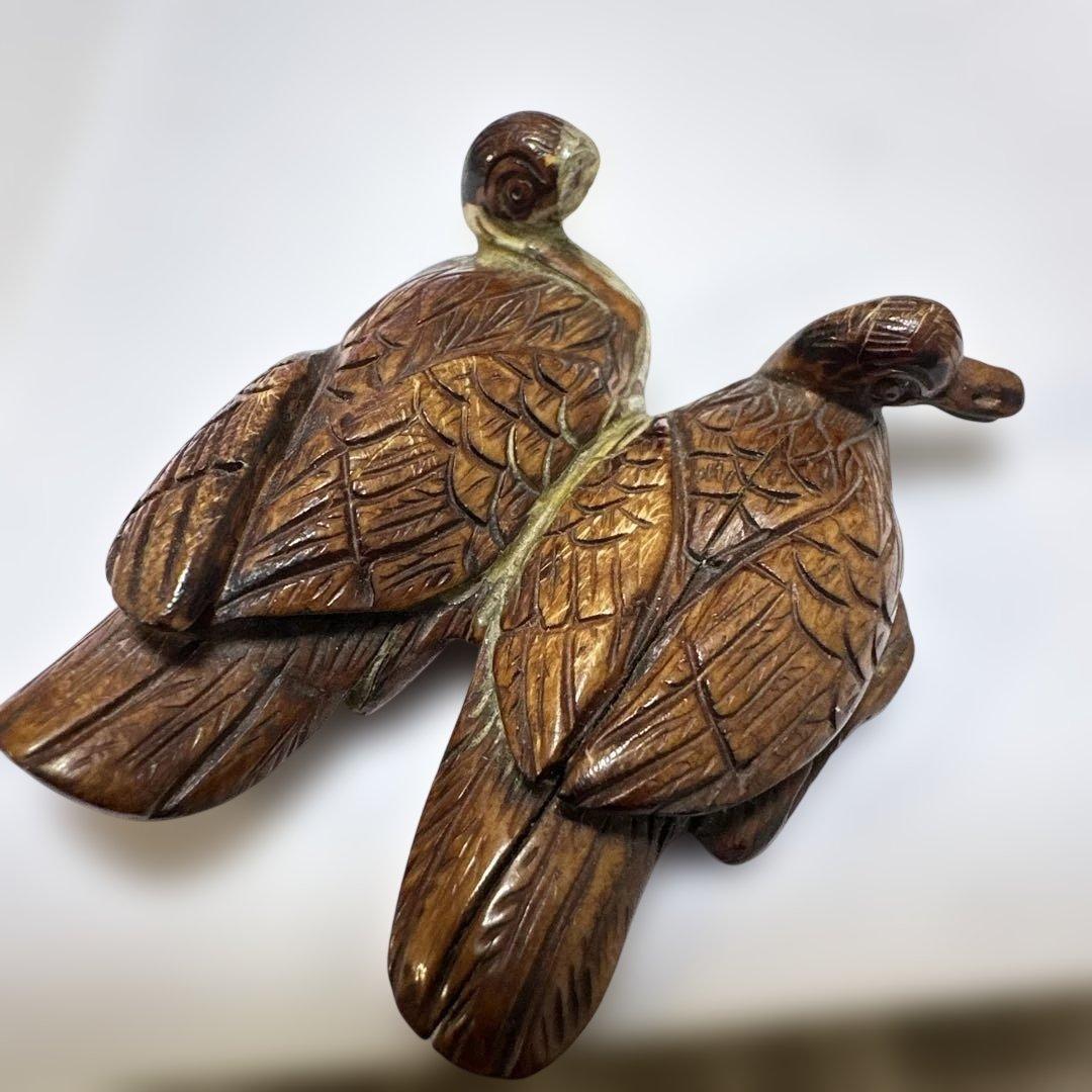 根付　骨董　銘有り 美術品 コレクション　二羽の鳥の彫刻