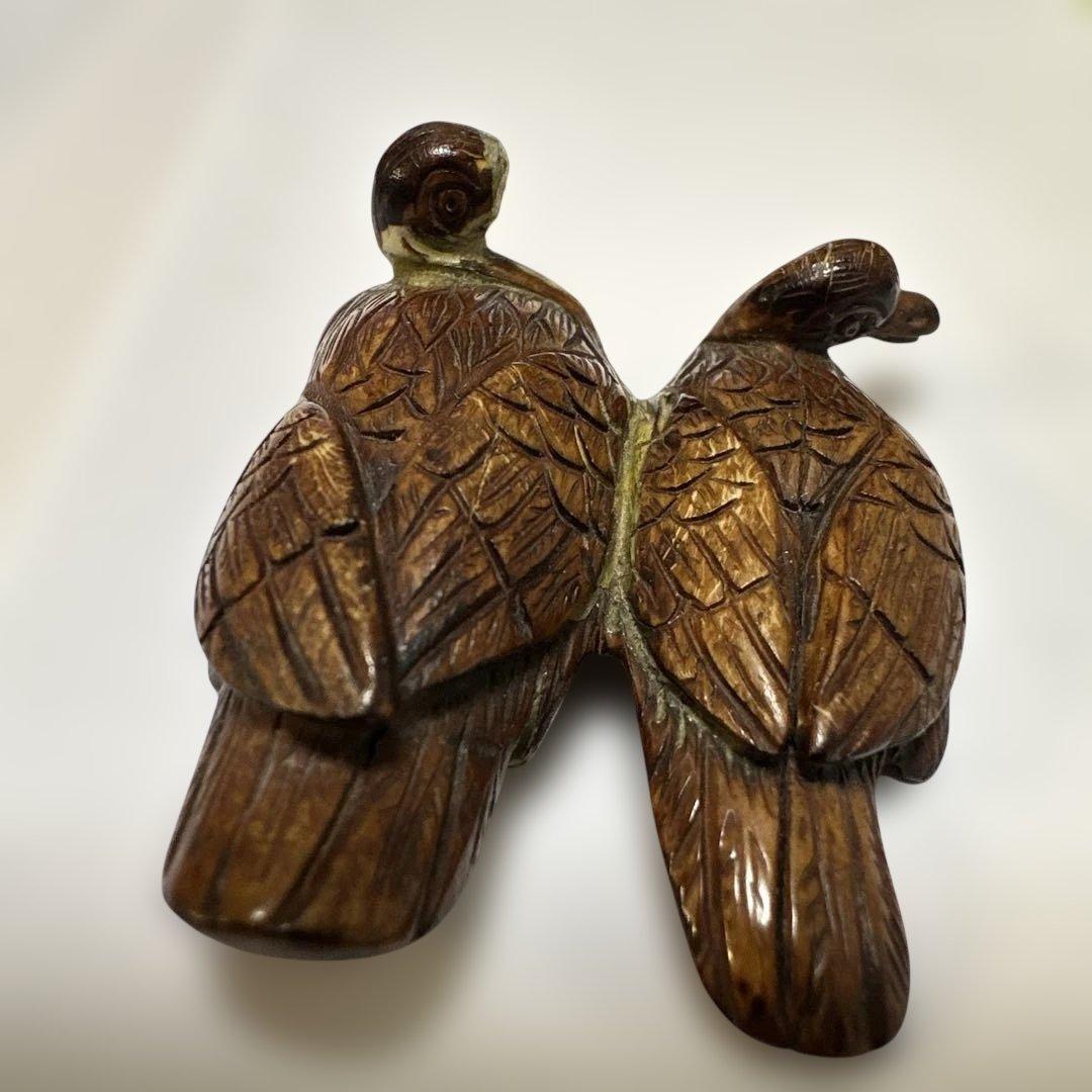 根付　骨董　銘有り 美術品 コレクション　二羽の鳥の彫刻