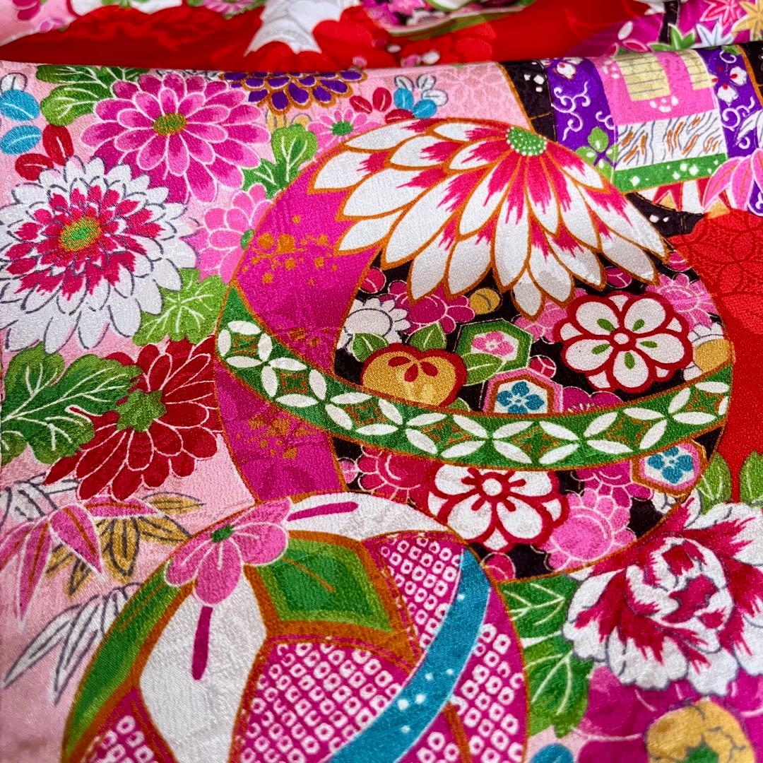 正絹 アンティーク着物 七五三 ◇御所車 薬玉 鞠 平安雅な古典柄