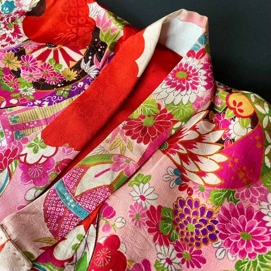 正絹 アンティーク着物 七五三 ◇御所車 薬玉 鞠 平安雅な古典柄