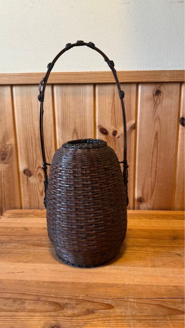 美品　籠　唐物　手付松葉籠　島田竹宝斎作　生花籠　箱付き　茶道具