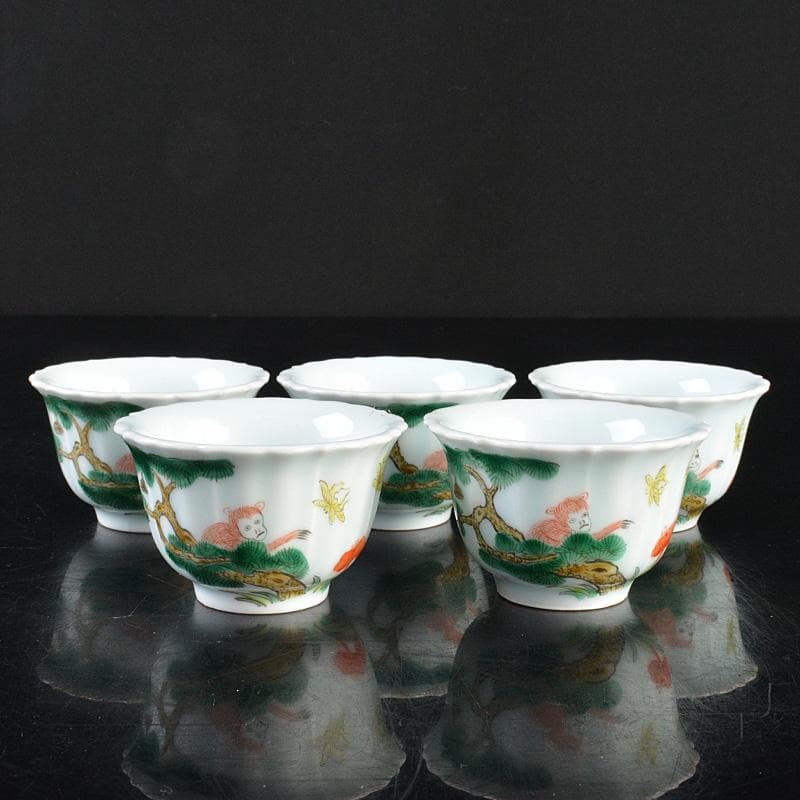 中国　色絵　蝙蝠山水文　煎茶碗　五客　桐箱　M　R6397E