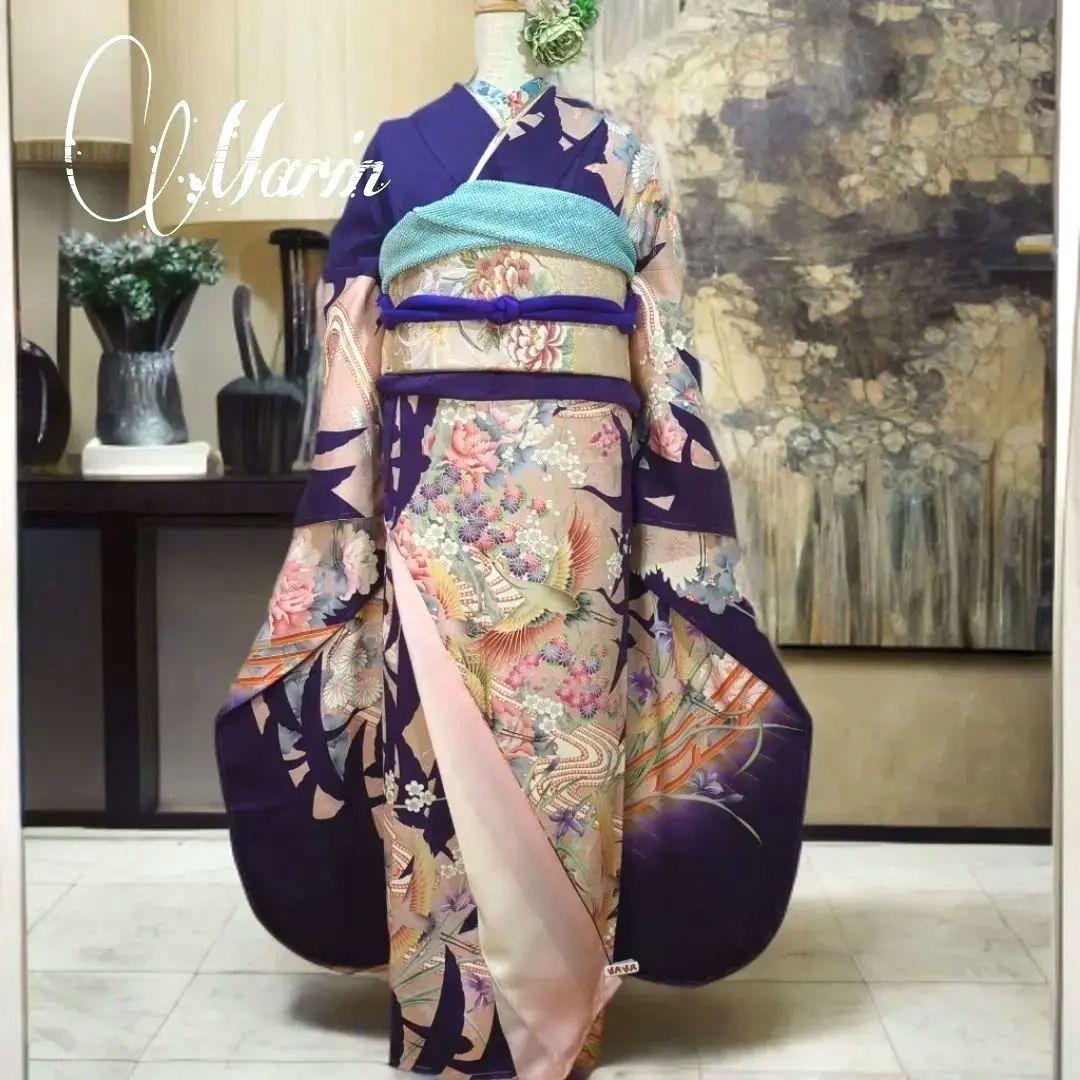 モダン 振袖フルセット 成人式 古典柄 型染め友禅 ９種セット正絹 紫 裄丈68