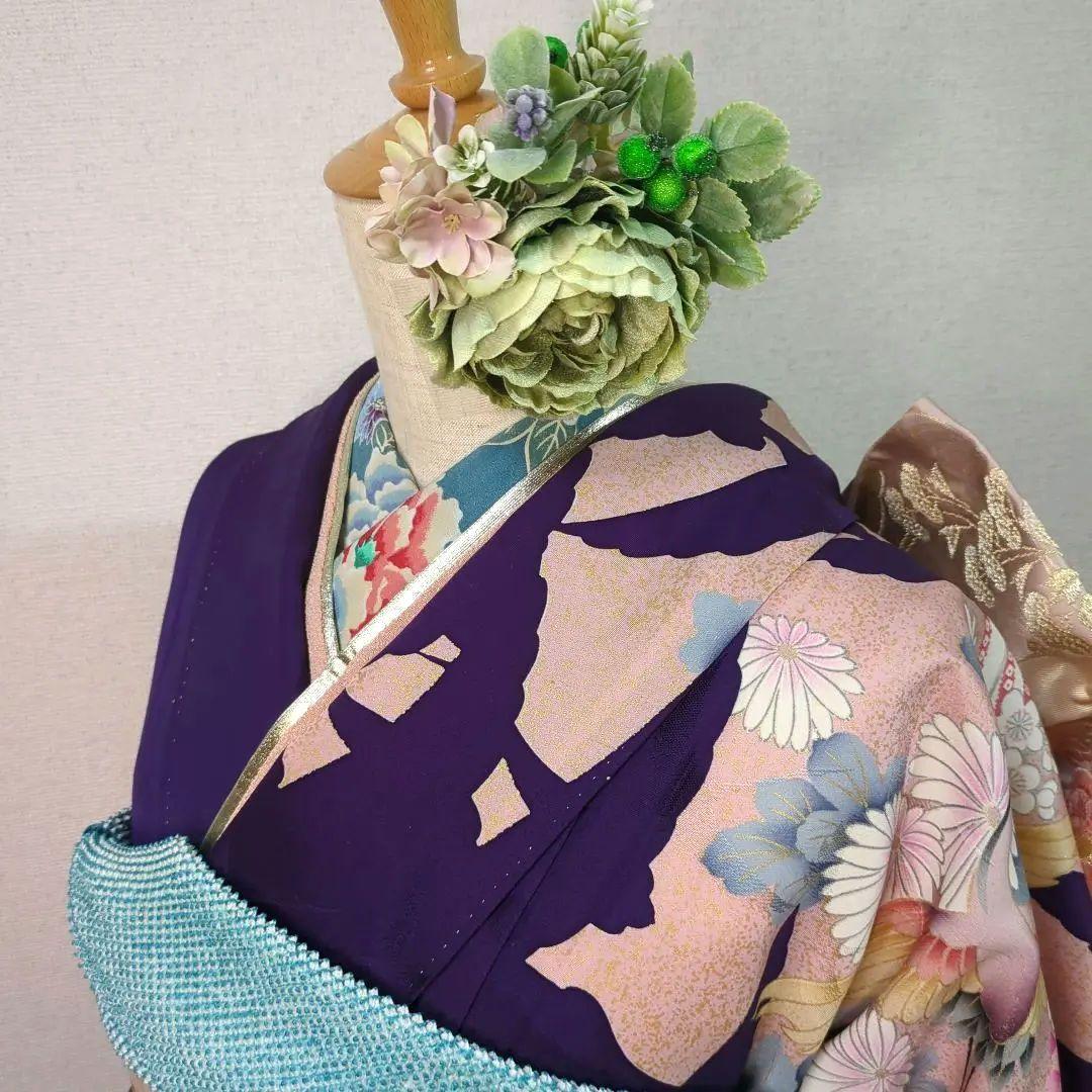 モダン 振袖フルセット 成人式 古典柄 型染め友禅 ９種セット正絹 紫 裄丈68