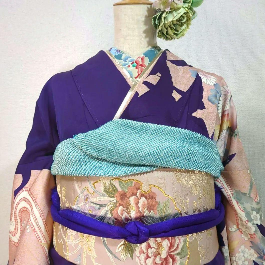 モダン 振袖フルセット 成人式 古典柄 型染め友禅 ９種セット正絹 紫 裄丈68