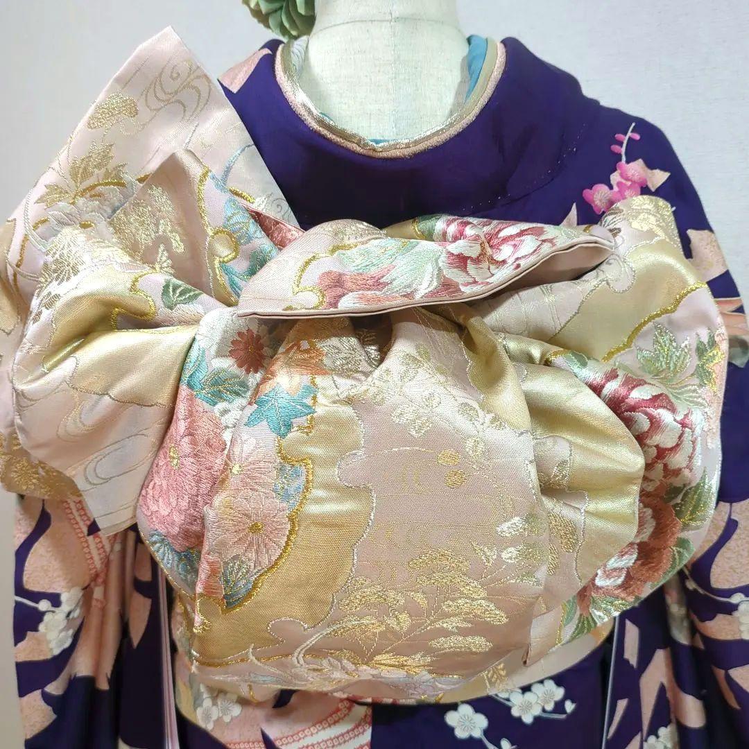 モダン 振袖フルセット 成人式 古典柄 型染め友禅 ９種セット正絹 紫 裄丈68