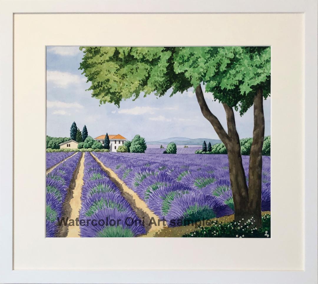 透明水彩画　原画　「ラベンダー・遥かなる大地」額縁付　F10サイズ　風景画