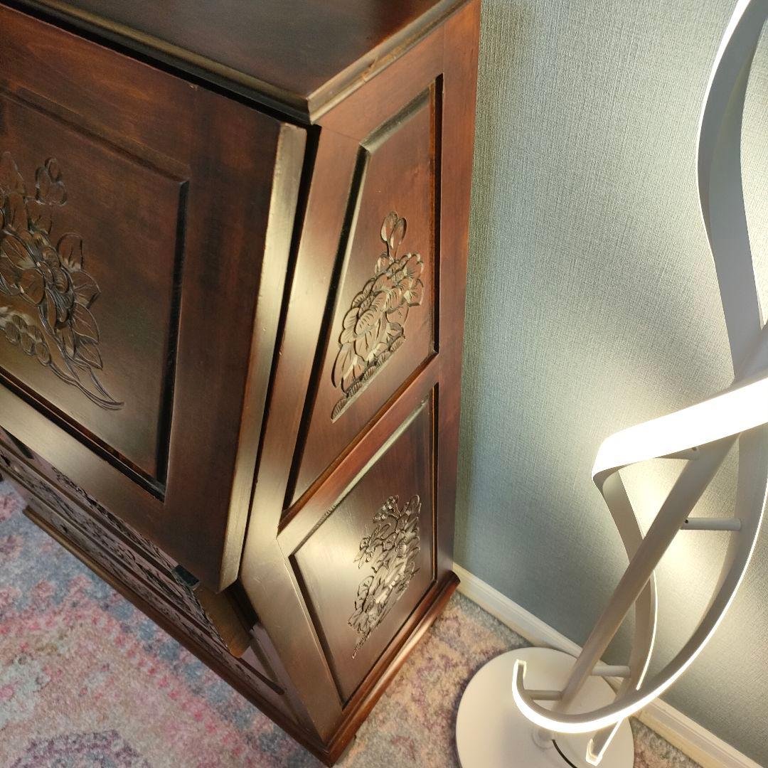 花彫刻 ライティングビューロー デスク アンティーク調アジアン家具