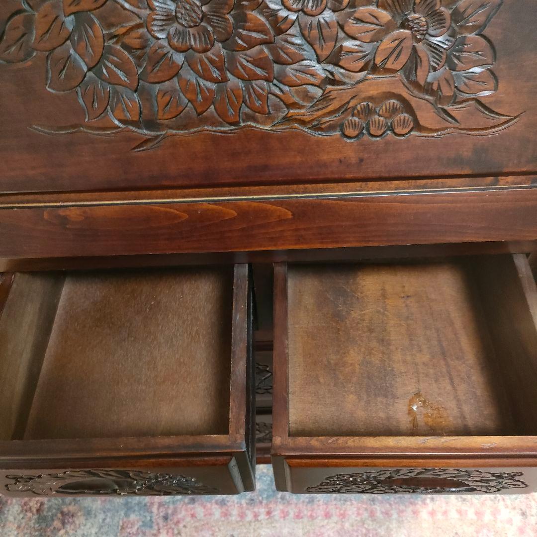 花彫刻 ライティングビューロー デスク アンティーク調アジアン家具