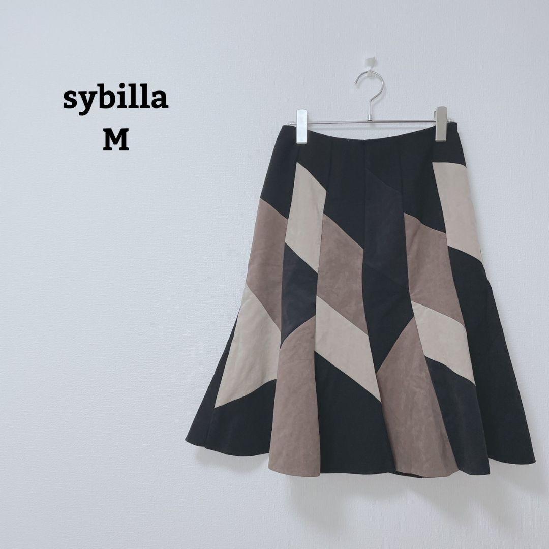 シビラ　スカート　フレア　毛100　スウェード風　日本製　総柄　ひざ丈　М