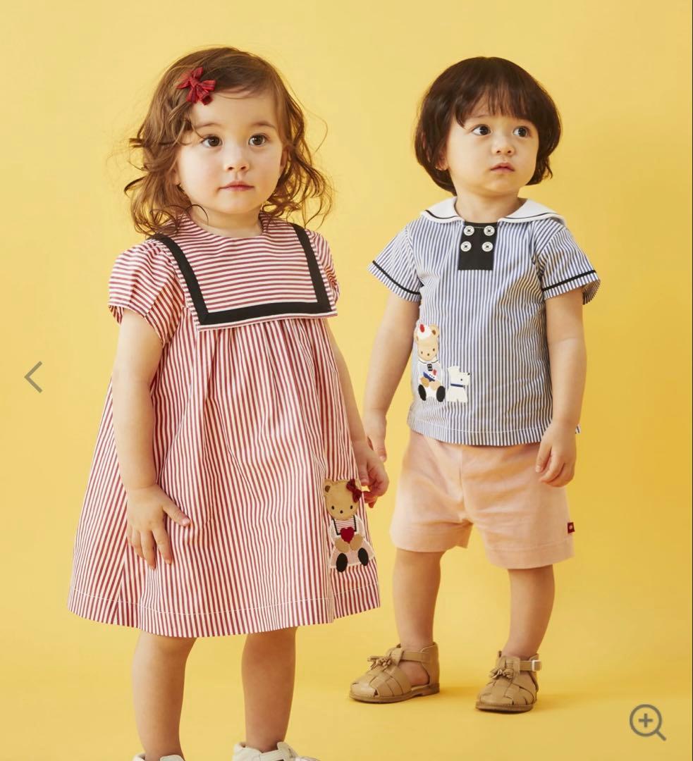 ファミリア♡水通しのみ未使用　ストライプ×セーラー　半袖シャツ90