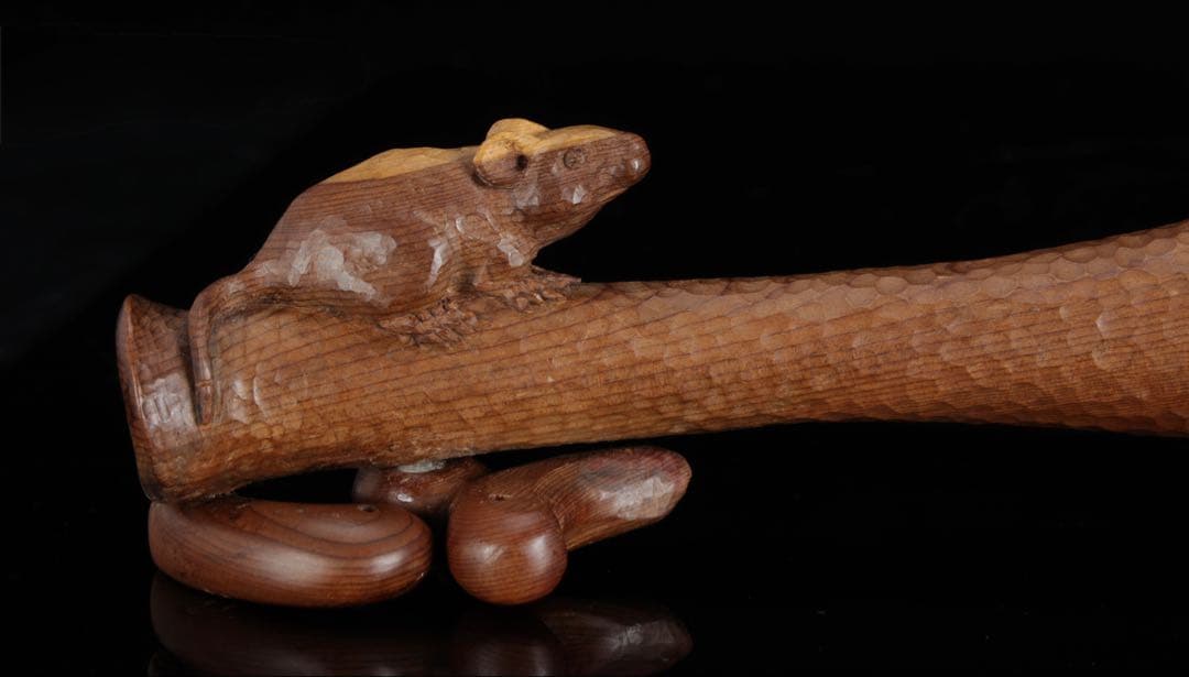 永冨一伸 在銘 木彫 開眼福子 干支 鼠 水瓶 曲玉 一刀彫 置物 共箱 縁起物